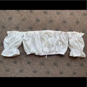 Off Shoulder Tie Front Ruffle Crinkle Top